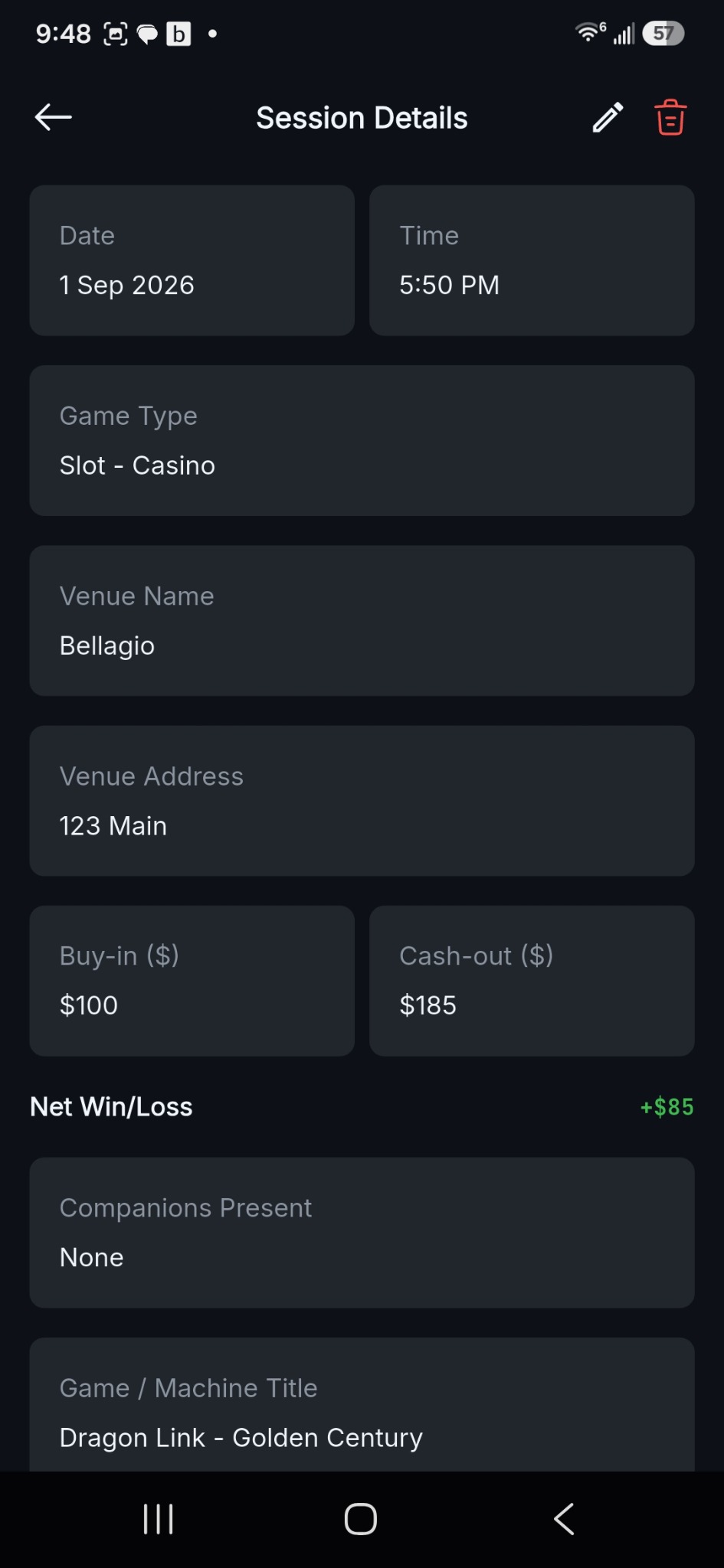 Actual app session detail fields with buy-in cash-out and venue